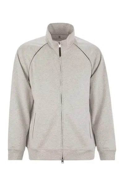 BRUNELLO CUCINELLI BRUNELLO CUCINELLI HIGH-NECKED TOPWEAR IN TECHNO COTTON FLEECE WITH ZIP AND PIPING