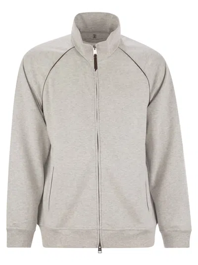 Brunello Cucinelli High-necked Topwear In Techno Cotton Fleece With Zip And Piping In Gray