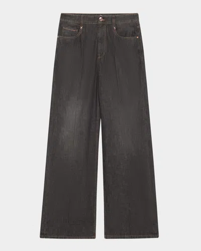 Brunello Cucinelli High-rise Monili Wide-leg Jeans In Black Denim