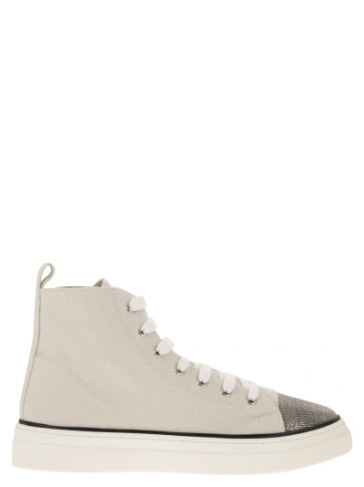 Brunello Cucinelli Kids' High-top Sneakers In Cotton And Linen In Silverbirch