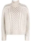 Brunello Cucinelli Sequin-embellished Pointelle-knit Cashmere-blend Turtleneck Sweater In Neutral