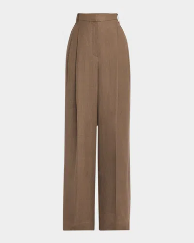 Brunello Cucinelli High Waist Wide Leg Fluid Linen Twill Pants In Brown