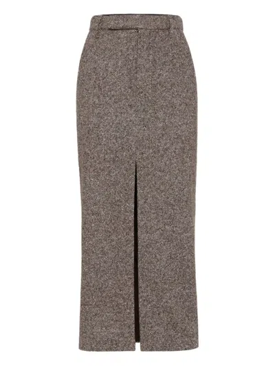Brunello Cucinelli High-waisted Houndstooth Midi Skirt In Brown