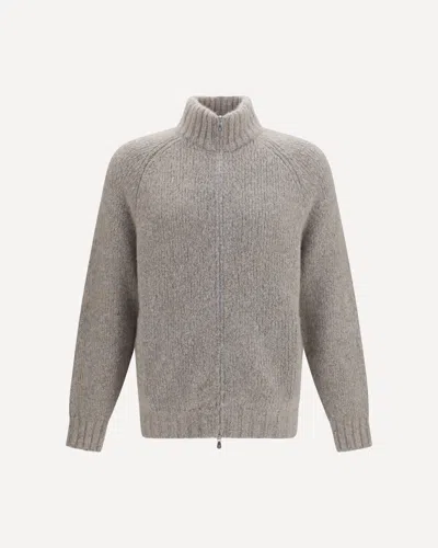 Brunello Cucinelli High-neck Cashmere And Silk Cardigan With Zip In Gray