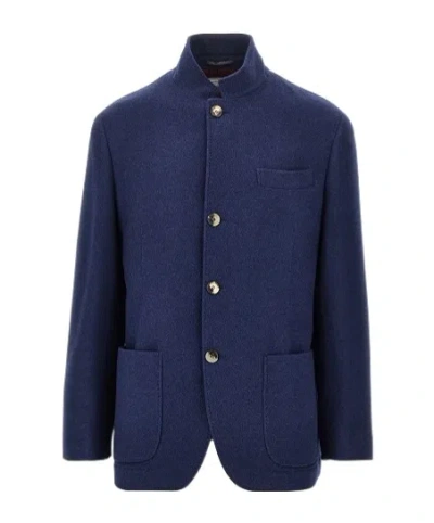 Brunello Cucinelli High-neck Long-sleeved Coat In Blue