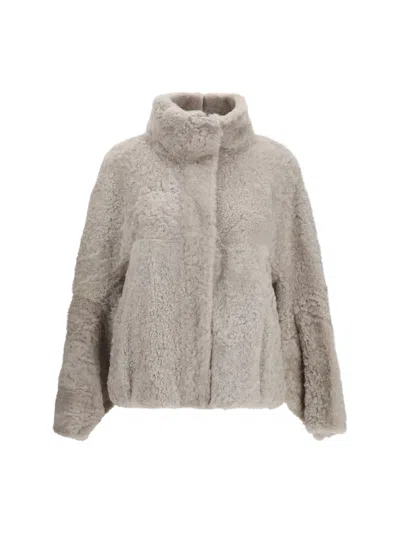 Brunello Cucinelli High-neck Shearling Faux Fur Jacket In Gray
