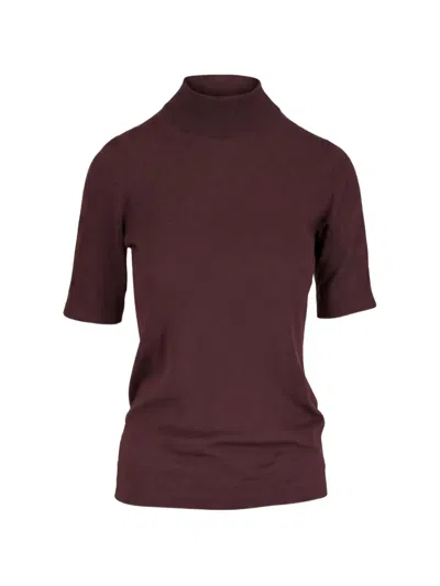 Brunello Cucinelli High-neck Short-sleeve Cashmere Sweater In Burgundy