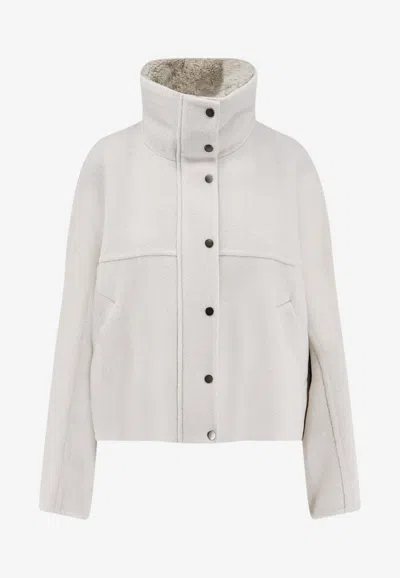 Brunello Cucinelli High-neck Wool Buttoned Jacket In Gray
