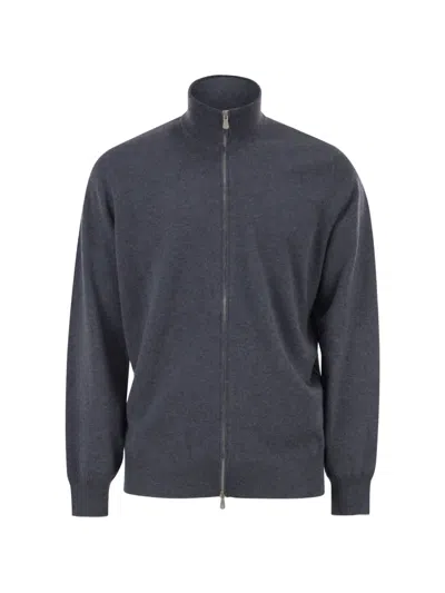 Brunello Cucinelli High-necked Cashmere Cardigan With Zip In Avio
