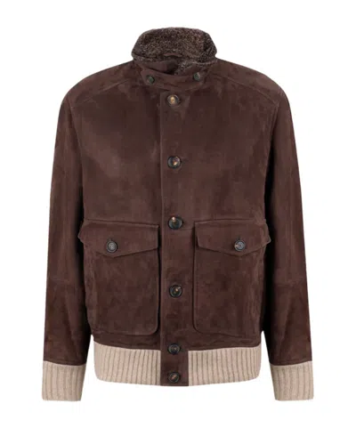 Brunello Cucinelli High-necked Long-sleeved Leather Jacket In Red