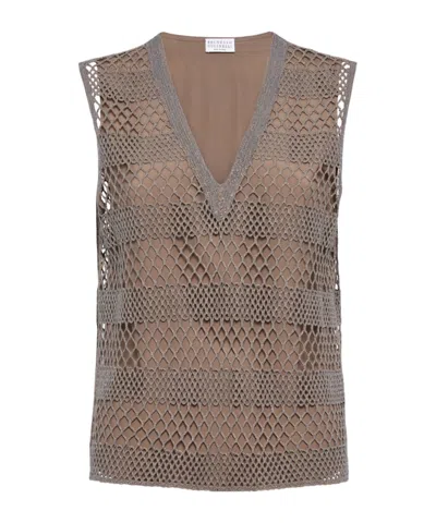 Brunello Cucinelli Hollowed-out Knitted Vest In Gray