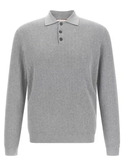 BRUNELLO CUCINELLI HONEYCOMB COTTON SHIRT POLO GRAY