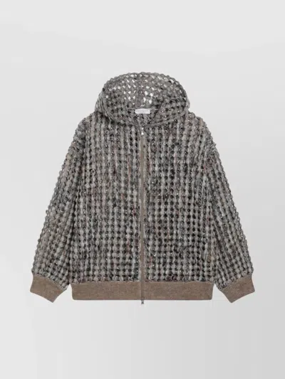 Brunello Cucinelli Hooded Balloon Cardigan Textured Fabric Design In Multi