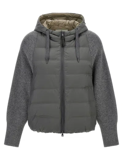Brunello Cucinelli Hooded Down Jacket With Solomeo Inserts In Gray