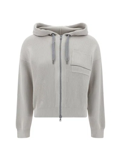 Brunello Cucinelli Hooded Drawstring Zipped Hoodie In Grey