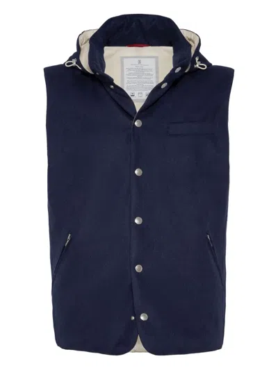 Brunello Cucinelli Bonded Nylon Down Vest With Detachable Hood In Blue