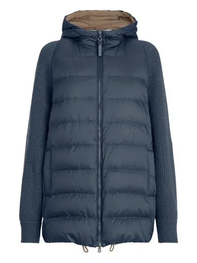 Brunello Cucinelli Hooded Knit-sleeve Jacket In Blue