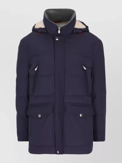Brunello Cucinelli Hooded Padded Coat Front Pockets Silk Nylon In Blue