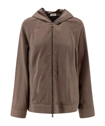 Brunello Cucinelli Hooded Pocket Cotton Hoodie In Brown