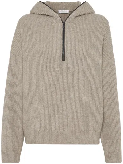 Brunello Cucinelli Cashmere English Rib Knit Hooded Sweater With Shiny Detail In Neutrals