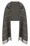 Brunello Cucinelli Checked Pattern Hooded Scarf With Fringed Edges In Gray