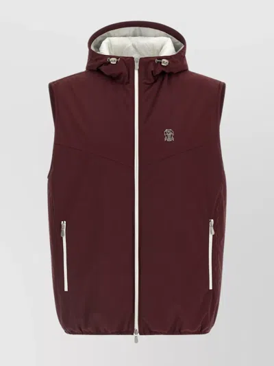 Brunello Cucinelli Hooded Vest With Elastic Hem And Side Zipper Pockets In Burgundy