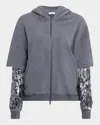 Brunello Cucinelli Hooded Zip Jacket With Sheer Sequined Raindrop Sleeves In Multi