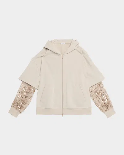 Brunello Cucinelli Hooded Zip Jacket With Sheer Sequined Raindrop Sleeves In White