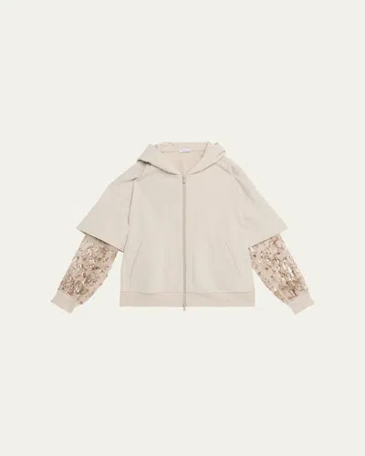 BRUNELLO CUCINELLI HOODED ZIP JACKET WITH SHEER SEQUINED RAINDROP SLEEVES