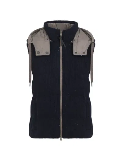 Brunello Cucinelli Cotton Gilet Hood Feather Quilted Collar In Multi