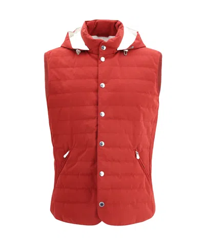 Brunello Cucinelli Hooded Zipped Gilet In Red