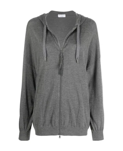 Brunello Cucinelli Hooded Zip-up Cardigan In Gray