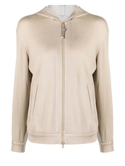 Brunello Cucinelli Hooded Zip-up Sweatshirt With Front Embellishment In Sand