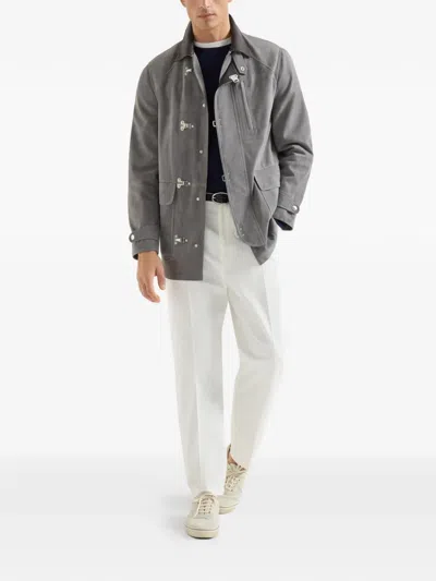Brunello Cucinelli Hook Fastening Suede Jacket In Gray