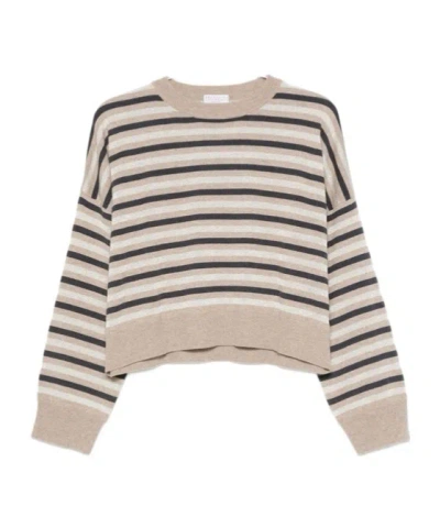 Brunello Cucinelli Cropped Striped Cotton Sweater In Neutral