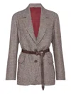 Brunello Cucinelli Houndstooth Belted Blazer In Brown