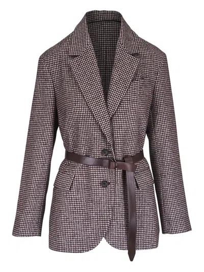 Brunello Cucinelli Houndstooth Belted Blazer In Brown