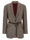Brunello Cucinelli Tailored Houndstooth Blazer With Matching Waist Belt In Brown