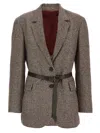 Brunello Cucinelli Deconstructed Houndstooth Blazer With Leather Belt In Gray