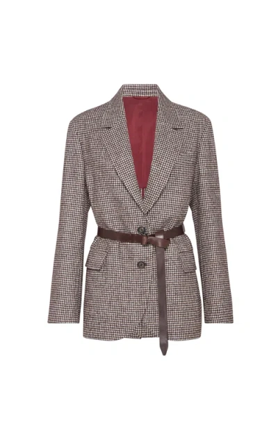 Brunello Cucinelli Houndstooth Blazer With Monili In Brown