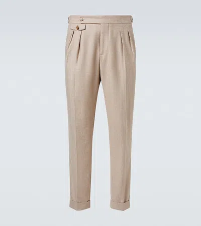 Brunello Cucinelli Houndstooth Cashmere And Silk Suit Pants In Gold