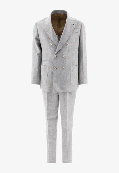 Brunello Cucinelli Houndstooth Double-breasted Suit In Gray