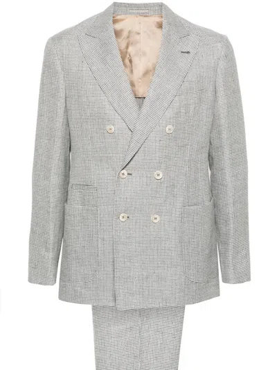 Brunello Cucinelli Houndstooth Double-breasted Suit In Grey