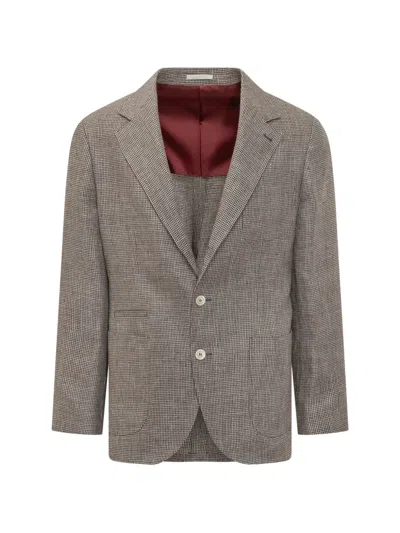 Brunello Cucinelli Houndstooth Linen Blazer In Brown