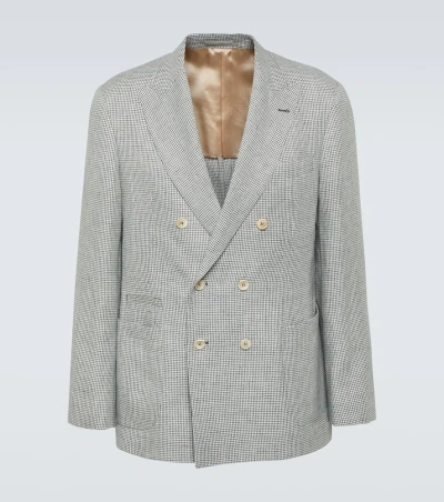 Brunello Cucinelli Houndstooth Linen Blazer In Grey