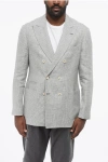 Brunello Cucinelli Houndstooth Linen Double-breasted Blazer With Patch Pockets