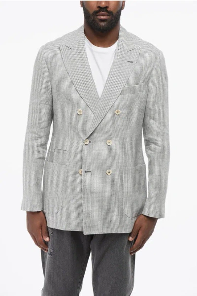 Brunello Cucinelli Houndstooth Linen Double-breasted Blazer With Patch Pockets