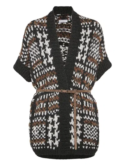 Brunello Cucinelli Houndstooth-pattern Short-sleeve Cardigan In Black