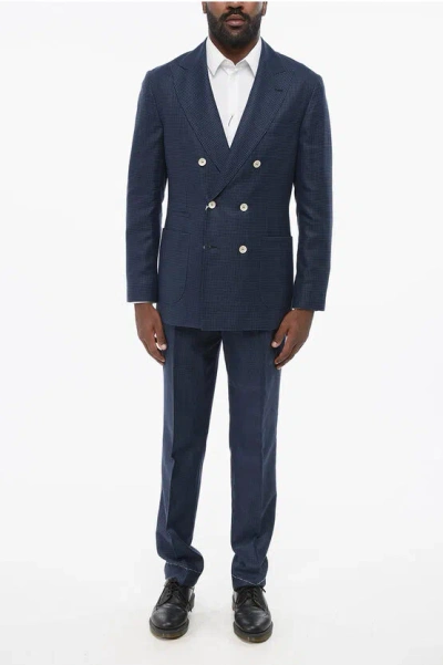 Brunello Cucinelli Houndstooth Patterned Wool Blend Suit With Double-breasted D In Blue