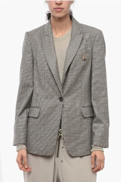 Brunello Cucinelli Houndstooth Virgin Wool Blend Blazer With Peak Lapel In Gray